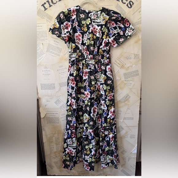 Anthropologie The Somerset Maxi Dress Tiered Smocked DarkGray Pink Purple Motif - Picture 5 of 7